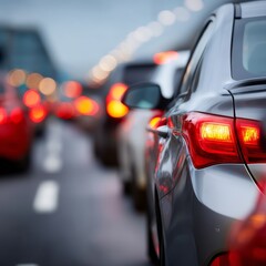 Silver Car Tail Lights in Heavy Traffic Congestion on Highway at Dusk