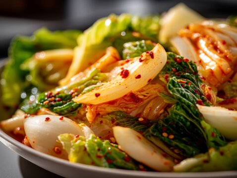 Spicy Napa Cabbage Kimchi with Daikon Radish, Traditional Korean Side Dish