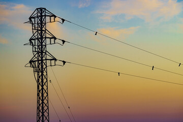 High voltage towers at sunset