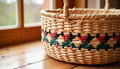Fototapeta premium Handmade woven basket with colorful patterns on wooden floor 
