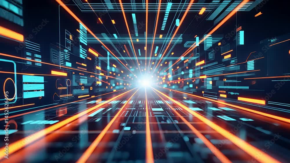 Poster futuristic data stream with glowing orange and blue lines moving toward bright center in high-speed 