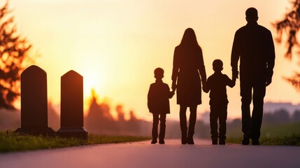 Fototapeta premium Alcohol Steering Accident Concept, Silhouette of Mourning Family Near Roadside Memorial at Sunset Reflecting Love and Loss in Nature's Embrace