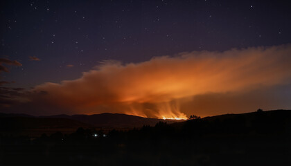 Obraz premium Night sky with smoke and fire illuminating mountain landscape 