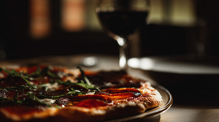 A delicious pizza paired with a field glass of wine on a restaurant table, perfect for delectation