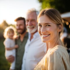 Fototapeta premium Smiling Woman with Extended Family at Outdoor Reunion During Golden Hour