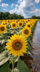 Obraz premium Sunflower Field with Flying Bee, Yellow Blooms Under a Cloudy Sky, Summer Bloom