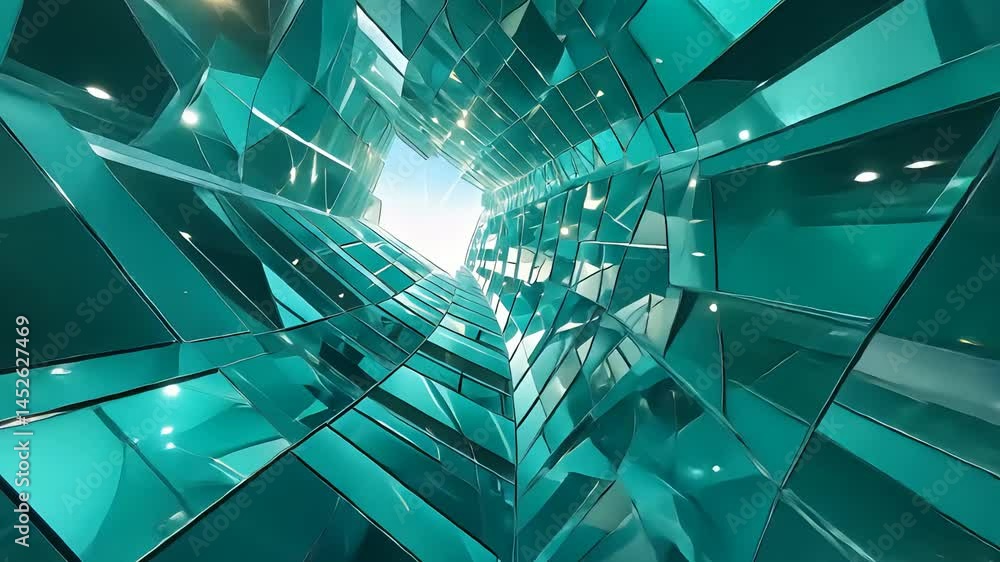 Poster geometric interior of modern glass structure with teal reflective panels, sharp angles, and light ra