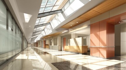 Modern Hospital Corridor with Skylights and Natural Light