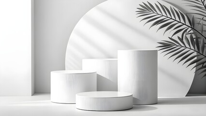 White product display podium in studio room with leaves, for display presentation