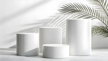 White product display podium in studio room with leaves, for display presentation