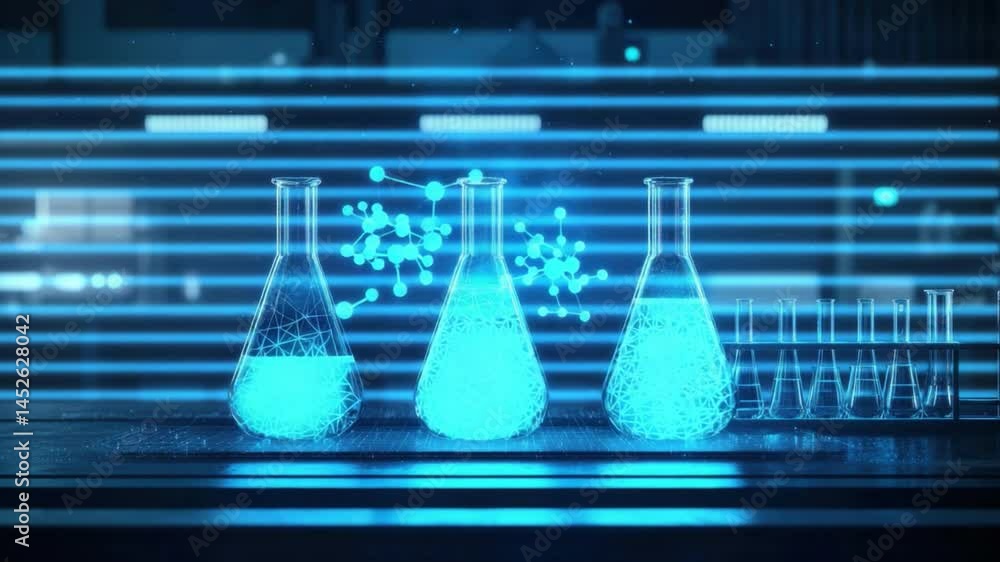 Poster interactive laboratory scene featuring colorful test tubes and scientific visualizations on a digita