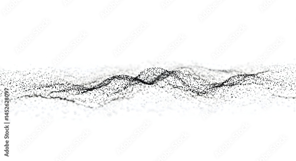 Poster abstract fluid undulating wave pattern black dots on white background, digital art, particle effect,