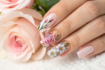 A hand with detailed floral nail art is gently posed with a soft pink rose, offering beauty.