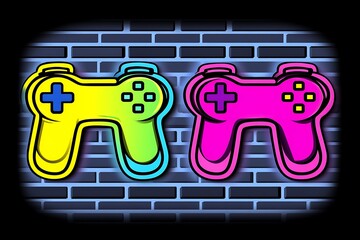 Retro Gaming Illustration Featuring Colorful Game Controllers On A Brick Wall Background Arcade Style Design