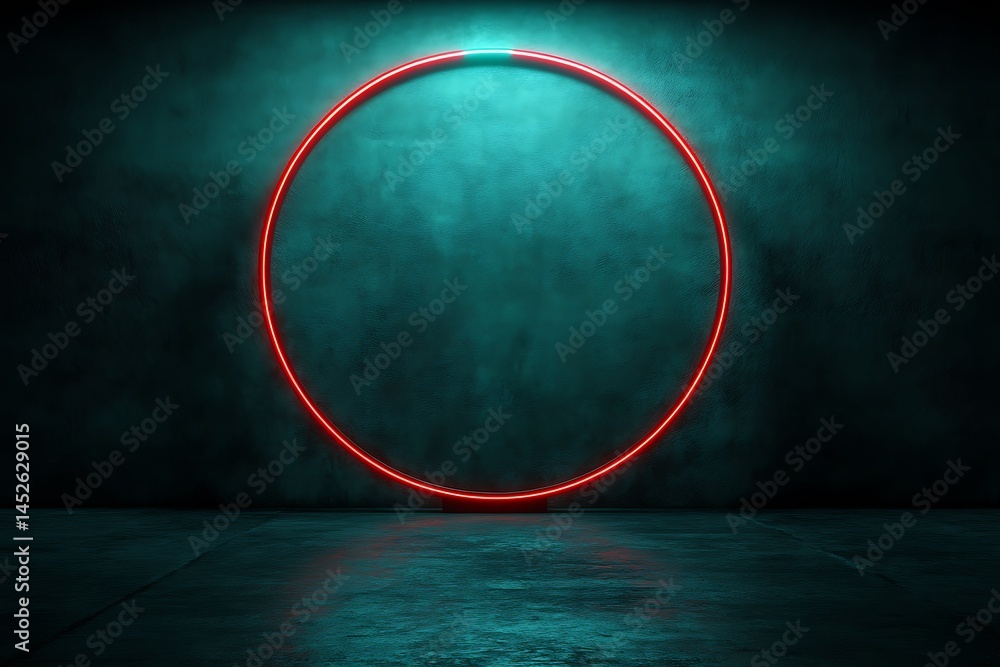 Poster glowing red circle on dark concrete wall in empty room modern abstract background with neon light ab