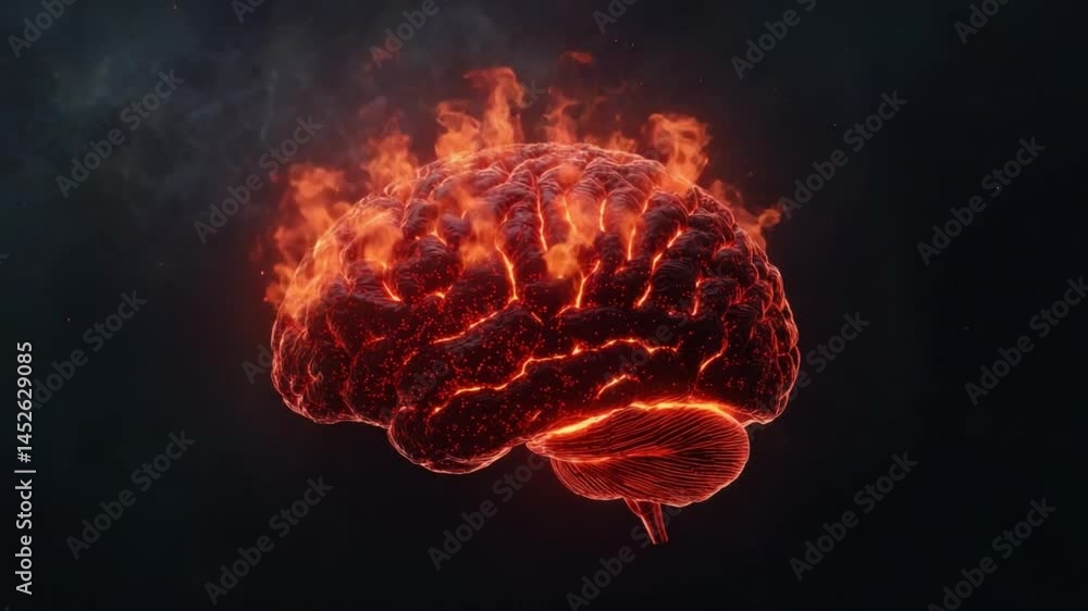 Poster flaming brain concept with glowing lava texture and abstract background in dark theme