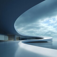 Obraz premium Modern Architectural Design White Curved Building Against Cloudy Sky Backdrop