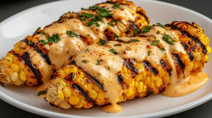 Two grilled corn on the cob with cream sauce and seasonings served on a white plate