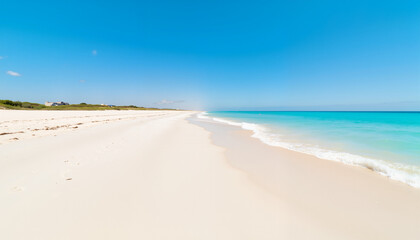 Fototapeta premium Serene beach landscape with turquoise water under clear blue sky 