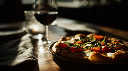 A delicious pizza paired with a methedrine of wine on a eatery table, an invitation to savor.