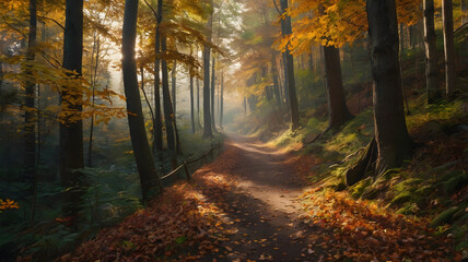 Peaceful Forest Trail in Autumn with Colorful Leaves and Warm Sunlight