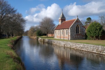 Obraz premium Church Along Canal with Clear Sky