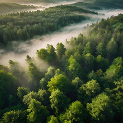 Ethereal Morning Mist Through Vibrant Green Forest Canopy Generated AI Image
