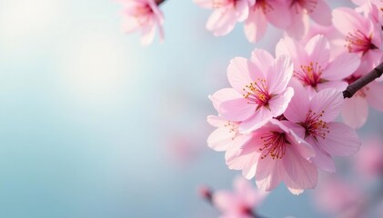 Delicate pink sakura blossoms, full bloom, soft pastel background, japanese style, texture, tree