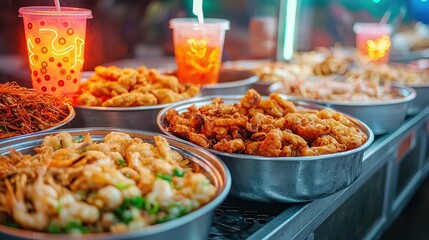 Obraz premium Freshly Prepared Street Food Dishes at Night Market in Asia