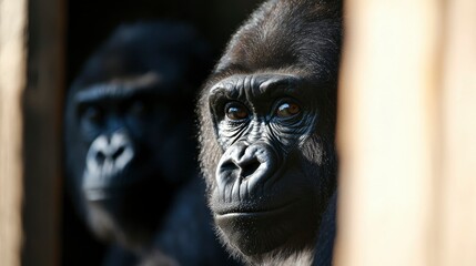 Obraz premium Two gorillas peering from a shadowed opening. Focus is on the gorilla in the foreground