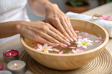 A woman enjoys a relaxing spa treatment with a manicure, surrounded by flowers, for her hand and nail care, promoting body health and skin wellness in a serene setting