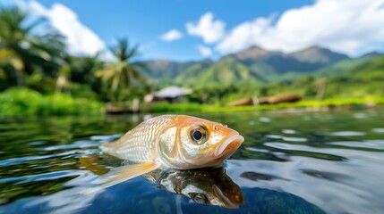 Aquaculture Sustainable Practices Concept, Vibrant Freshwater Fish Swimming in Serene Aquaculture Community with Lush Green Landscape and Mountains