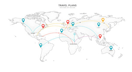World map with marked travel routes