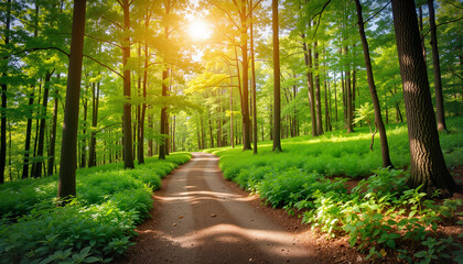 Obraz premium Serene forest pathway illuminated by sunlight 