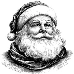 Santa Claus vector illustration, vintage woodcut engraving style, old black sketch, traditional Christmas art, retro holiday design, festive character, hand drawn line art, winter scene