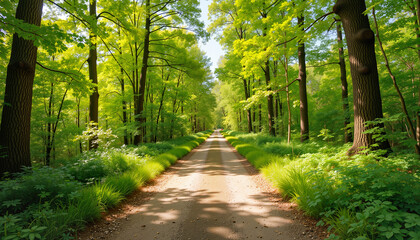 Obraz premium Serene forest pathway surrounded by lush green trees 
