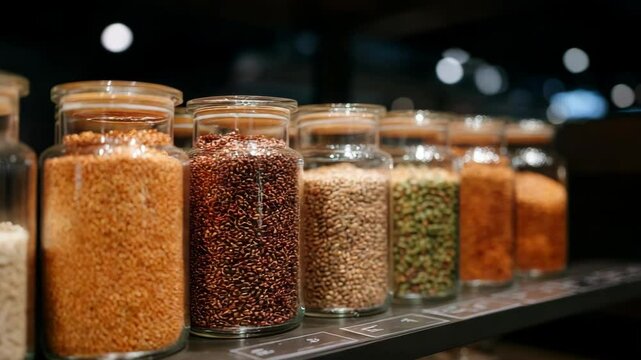 Rows of glass jars filled with assorted beans, grains, and seeds on a dark shelf in bulk food store, zero waste shopping concept.