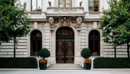 Obraz premium Ornate doorway, stone facade, arched windows. Trees & manicured landscaping flank entry