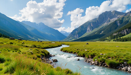 Serene mountain landscape with flowing river and lush greenery  