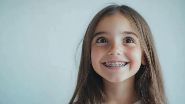 Studio portrait of cheerful girl with dental braces smiling on grey background