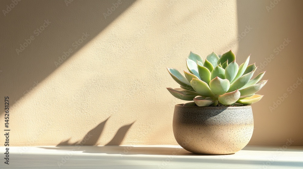 Poster A vibrant succulent sits in a simple pot, illuminated by natural light. Soft shadows form on the light-colored surface, creating a calming atmosphere. The overall ambiance reflects serenity