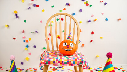 Obraz premium Colorful Halloween pumpkin with party hat on chair against confetti background 