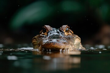 Obraz premium Intense eyes of a caiman emerge from dark waters, surrounded by lush greenery