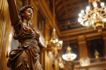 Fototapeta premium Blind justice stands, her statue golden in the warm light of chandeliers in a court interior
