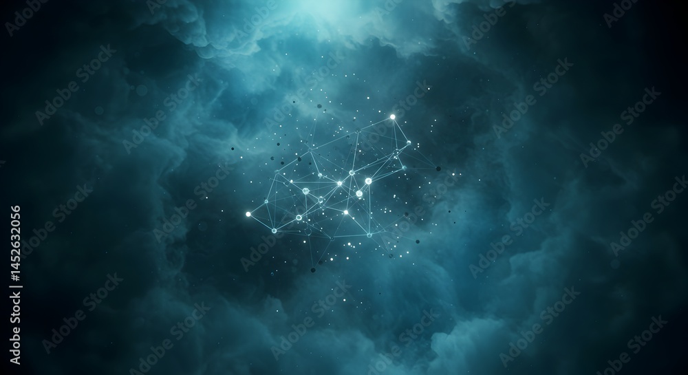 Poster digital network constellation abstract artwork of interconnected nodes within a stormy sky