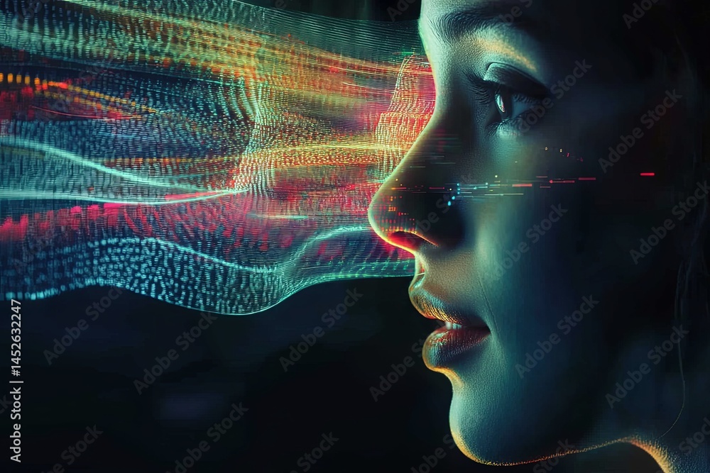 Poster a holographic projection of a human face communicating with an ai, as streams of language data flow 