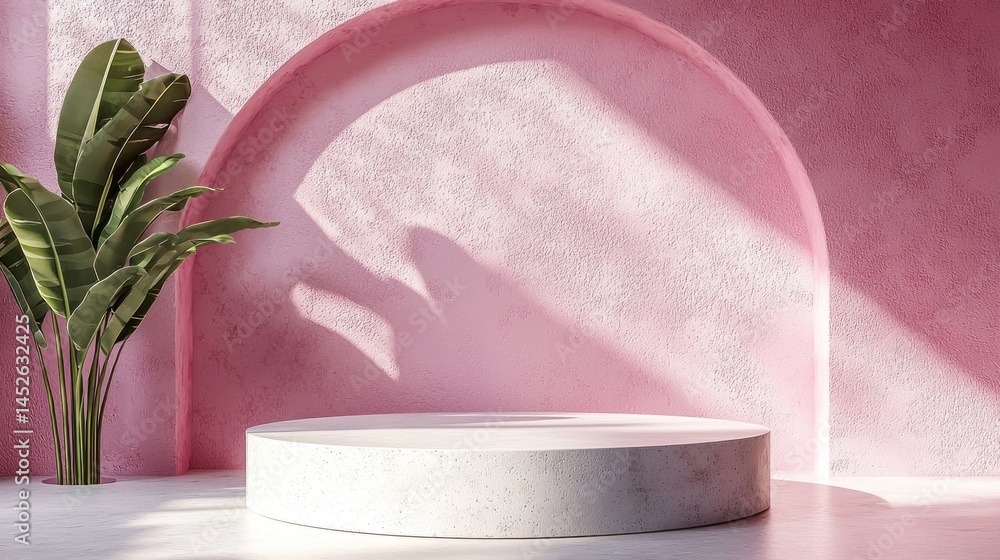 Poster a simple and elegant setting features a round white podium against a soft pink wall with arched desi