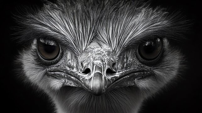 A close up of an ostrichs Face ts large curious eyes