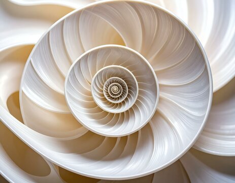 Close-up of a nautilus shell, showcasing its intricate spiral pattern and pearlescent texture.  Perfect for abstract, nature, or science-related projects.