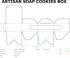 Detailed diecut box template design for artisan soap or cookie packaging with measurement specifications provided